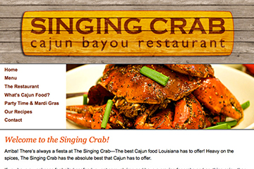 Homepage of The Singing Crab Cajun Bayou Restaurant Website